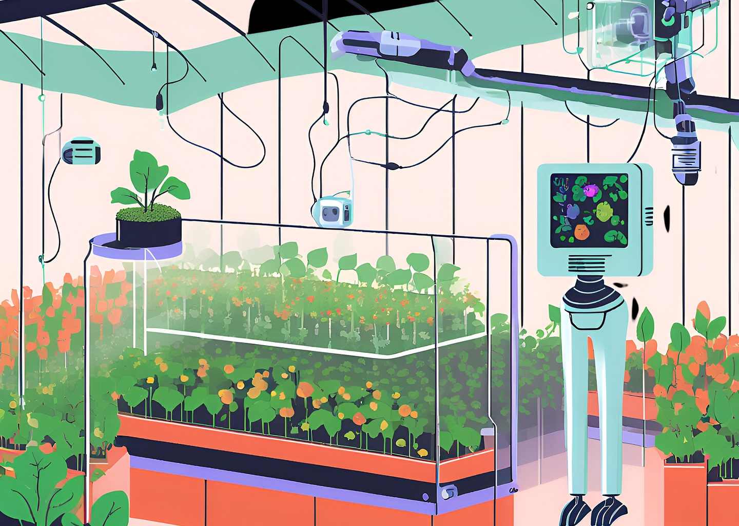 Een high tech kas met sensoren en 5 G toepassing en een robot die planten oogst