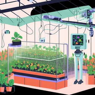 Een high tech kas met sensoren en 5 G toepassing en een robot die planten oogst